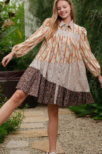 TRENDiLiTY Mix n Match Print Boho Mini Dress in Brown Mix