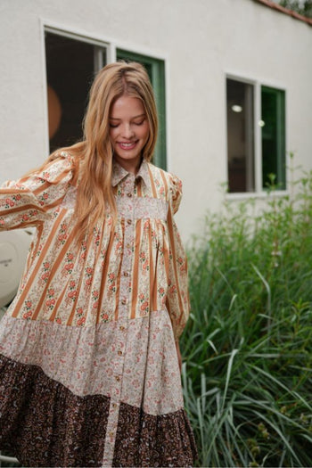 TRENDiLiTY Mix n Match Print Boho Mini Dress in Brown Mix