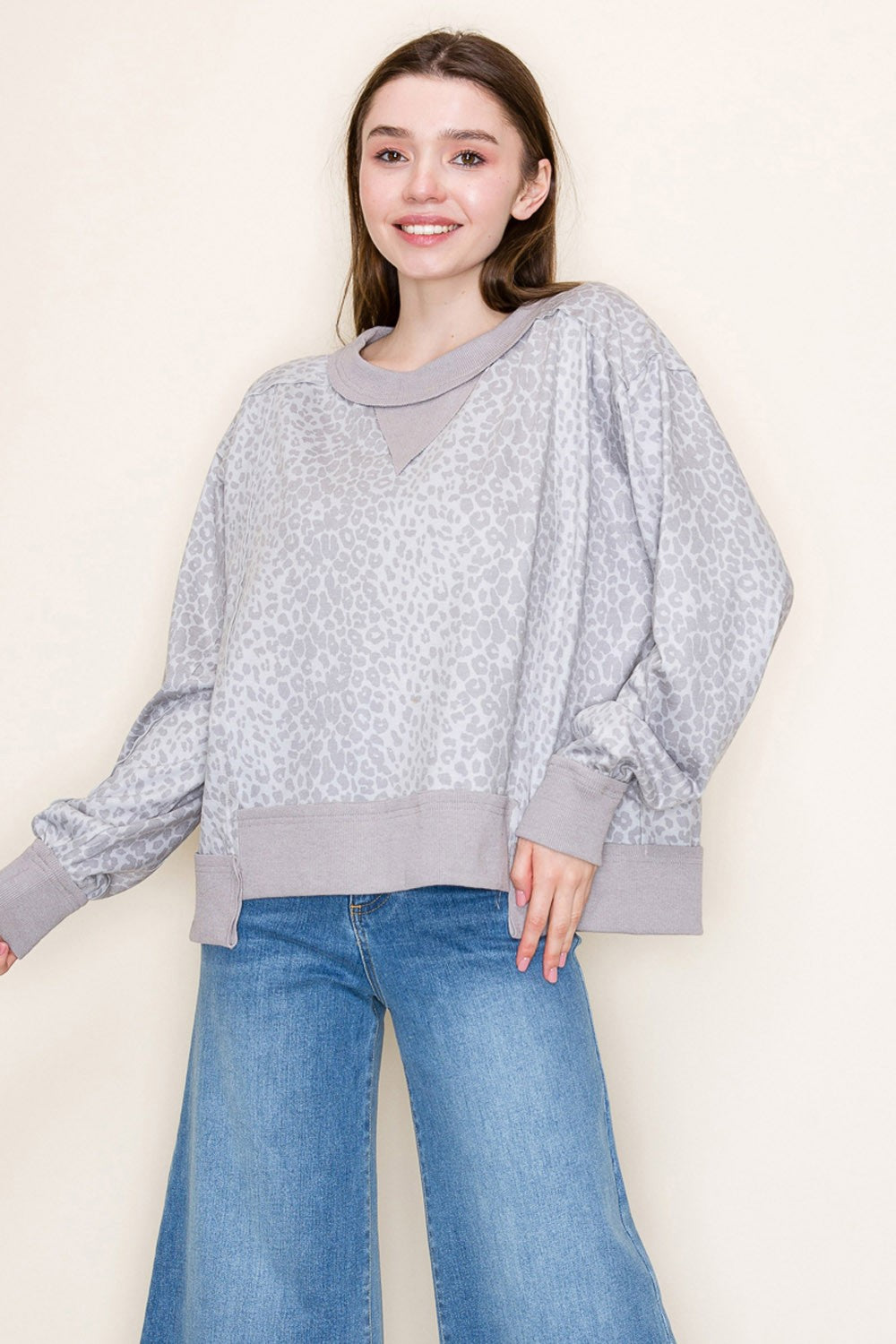 White Birch Terry Knit Leopard Print Top in Grey