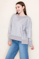 White Birch Terry Knit Leopard Print Top in Grey