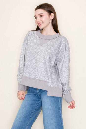 White Birch Terry Knit Leopard Print Top in Grey