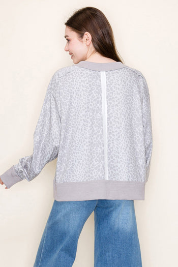 White Birch Terry Knit Leopard Print Top in Grey