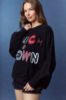 Peach Love Terry Knit Top with Mixed Print TOUCHDOWN Patched Front in Black