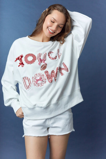 Peach Love Terry Knit Top with Mixed Print TOUCHDOWN Patched Front in White/Crimson
