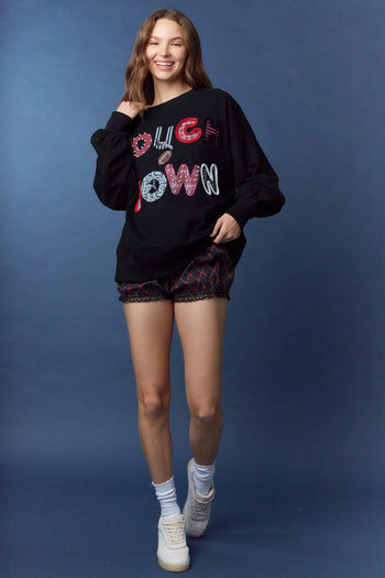 Peach Love Terry Knit Top with Mixed Print TOUCHDOWN Patched Front in Black