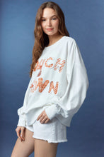 Load image into Gallery viewer, Peach Love Terry Knit Top with Mixed Print TOUCHDOWN Patched Front in Burnt Orange/White
