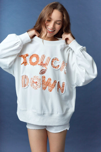 Peach Love Terry Knit Top with Mixed Print TOUCHDOWN Patched Front in Burnt Orange/White