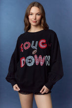Load image into Gallery viewer, Peach Love Terry Knit Top with Mixed Print TOUCHDOWN Patched Front in Black
