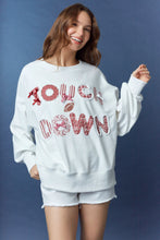 Load image into Gallery viewer, Peach Love Terry Knit Top with Mixed Print TOUCHDOWN Patched Front in White/Crimson
