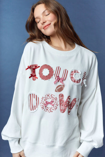 Peach Love Terry Knit Top with Mixed Print TOUCHDOWN Patched Front in White/Crimson