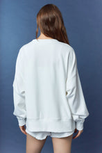 Load image into Gallery viewer, Peach Love Terry Knit Top with Mixed Print TOUCHDOWN Patched Front in White/Crimson
