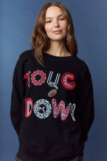 Peach Love Terry Knit Top with Mixed Print TOUCHDOWN Patched Front in Black