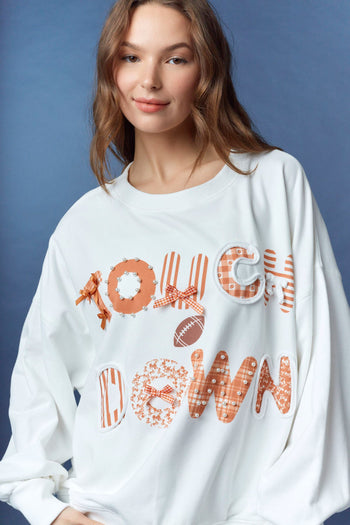Peach Love Terry Knit Top with Mixed Print TOUCHDOWN Patched Front in Burnt Orange/White