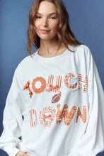 Load image into Gallery viewer, Peach Love Terry Knit Top with Mixed Print TOUCHDOWN Patched Front in Burnt Orange/White
