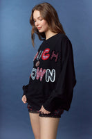 Peach Love Terry Knit Top with Mixed Print TOUCHDOWN Patched Front in Black