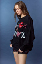 Load image into Gallery viewer, Peach Love Terry Knit Top with Mixed Print TOUCHDOWN Patched Front in Black
