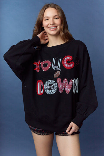 Peach Love Terry Knit Top with Mixed Print TOUCHDOWN Patched Front in Black