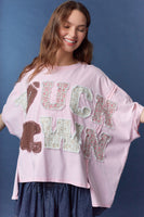 Peach Love OVERSIZED Floral Patched TOUCH DOWN Top in Light Pink
