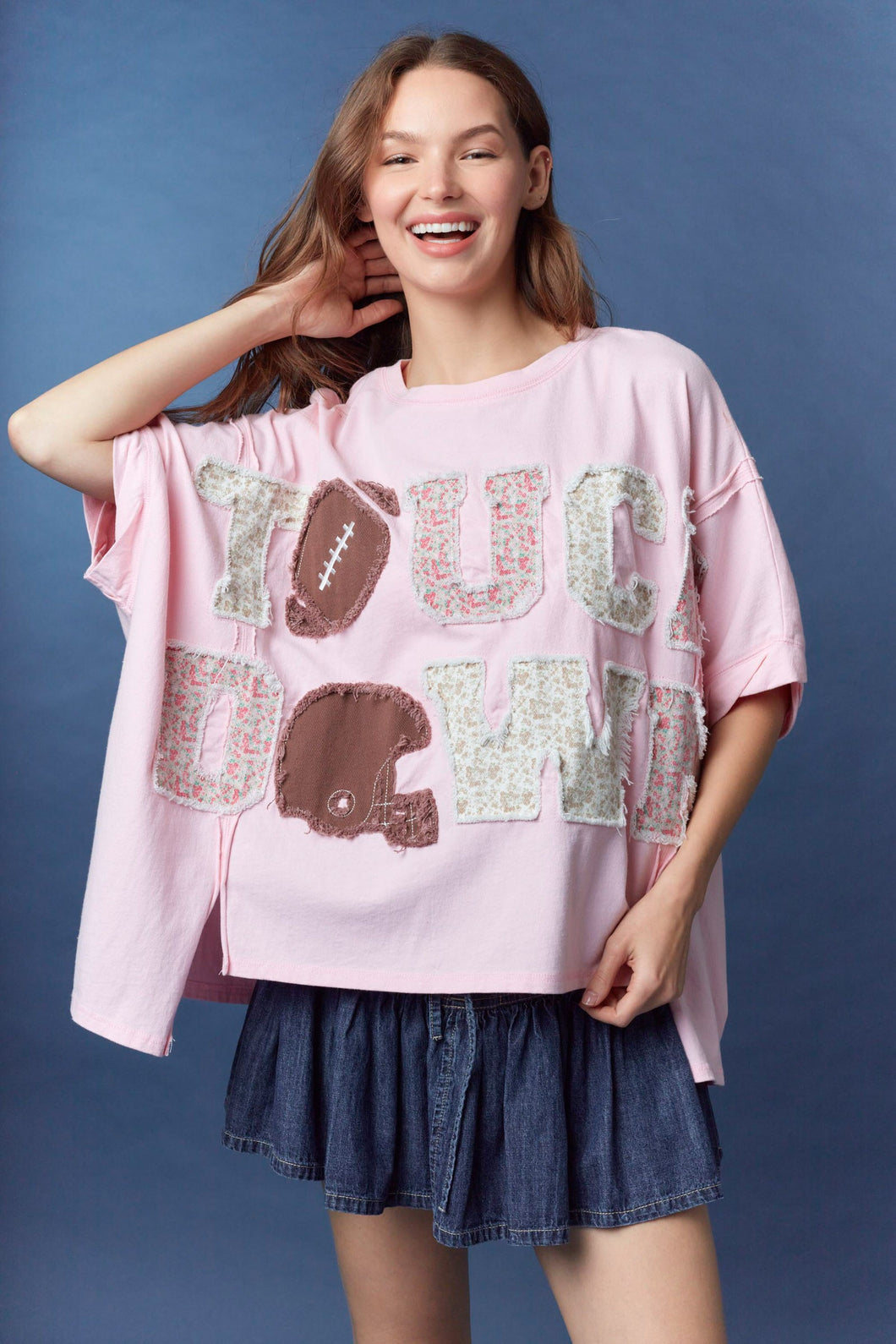 Peach Love OVERSIZED Floral Patched TOUCH DOWN Top in Light Pink