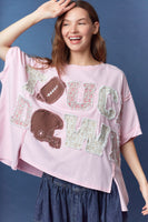 Peach Love OVERSIZED Floral Patched TOUCH DOWN Top in Light Pink