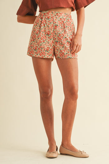 AnnieWear Rose Print Corduroy Shorts in Rose Pink