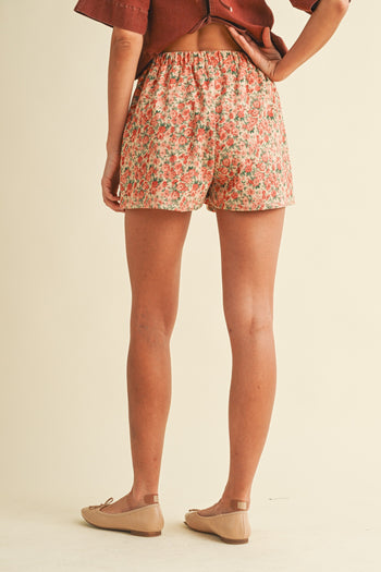 AnnieWear Rose Print Corduroy Shorts in Rose Pink