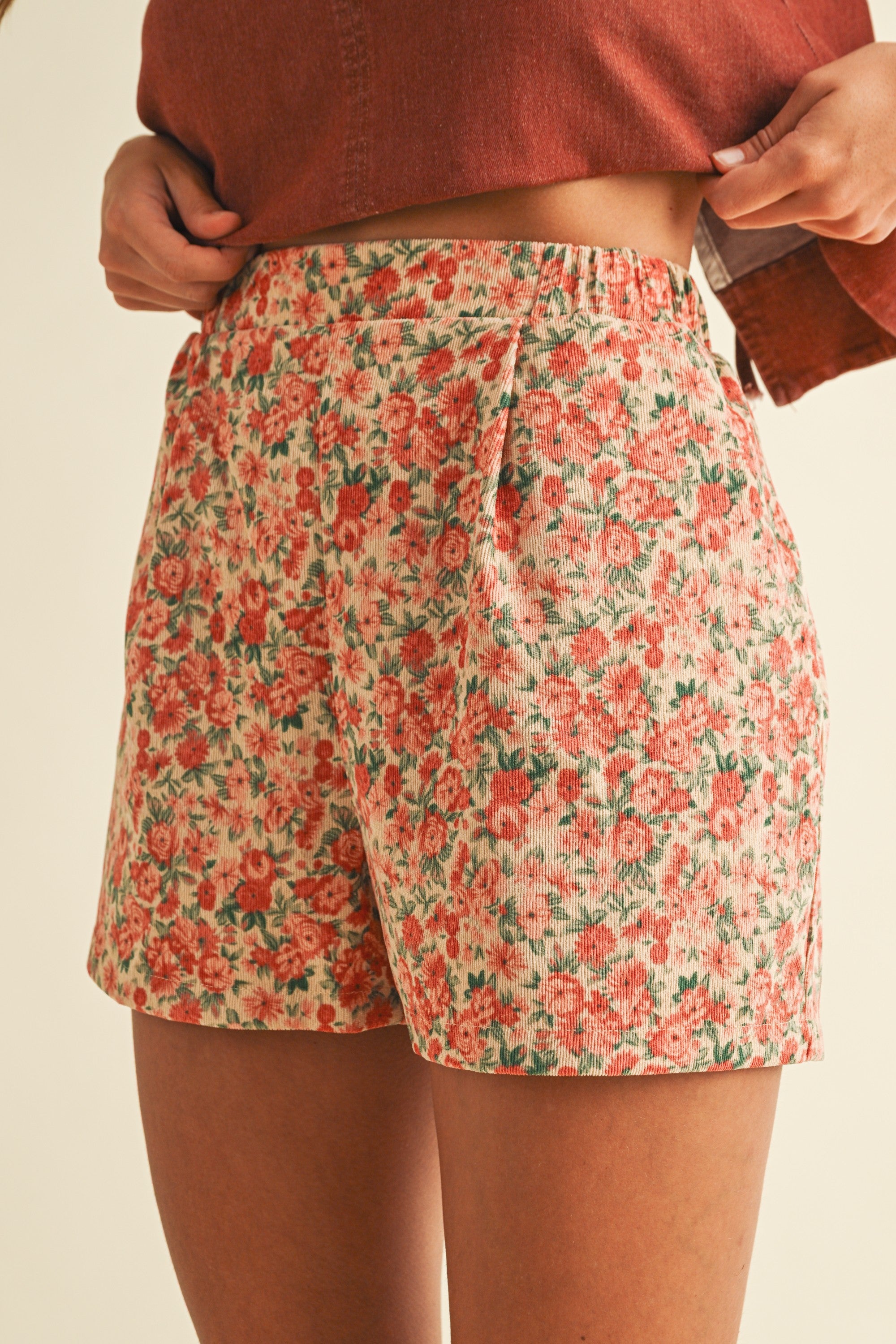 AnnieWear Rose Print Corduroy Shorts in Rose Pink – June Adel