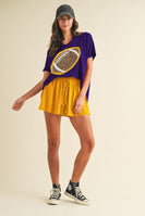 AnnieWear Solid Color Top with Leopard Football Patch Front in Purple
