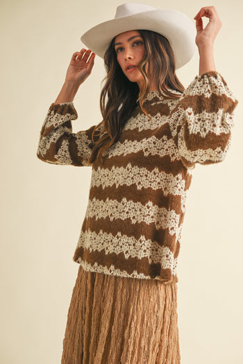 AnnieWear Brushed Knit Floral Jacquard Top in Mocha
