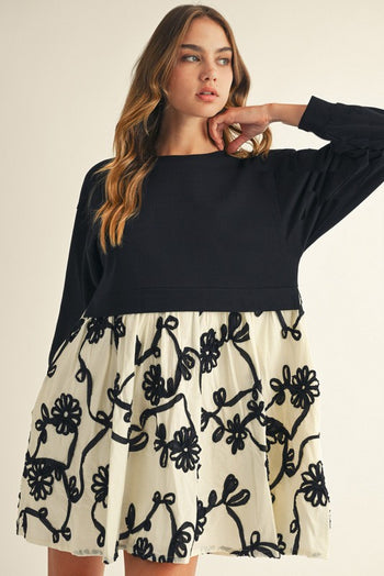 Jodifl Contrasting French Terry and 3D Floral Dress in Black ON ORDER