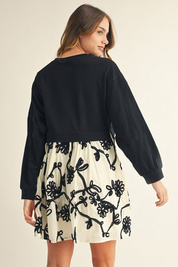 Jodifl Contrasting French Terry and 3D Floral Dress in Black ON ORDER