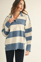 Jodifl Reversed Stitched Wide Striped Knit Top in Denim