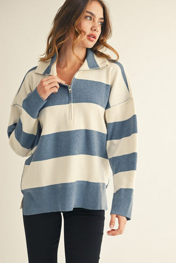 Jodifl Reversed Stitched Wide Striped Knit Top in Denim