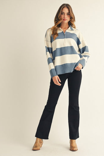 Jodifl Reversed Stitched Wide Striped Knit Top in Denim