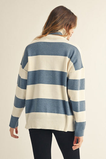 Jodifl Reversed Stitched Wide Striped Knit Top in Denim