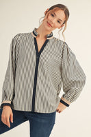 Jodifl Ruffle Neck Button Down Striped Top in Black