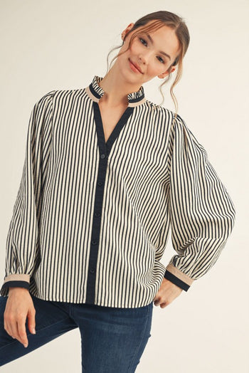 Jodifl Ruffle Neck Button Down Striped Top in Black