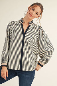Jodifl Ruffle Neck Button Down Striped Top in Black – June Adel