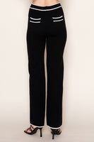 White Birch Solid Knit Pants with Contrasting Trim Details in Black