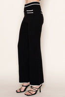 White Birch Solid Knit Pants with Contrasting Trim Details in Black