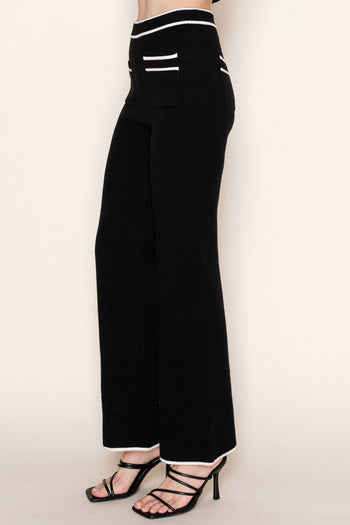 White Birch Solid Knit Pants with Contrasting Trim Details in Black
