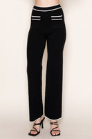White Birch Solid Knit Pants with Contrasting Trim Details in Black
