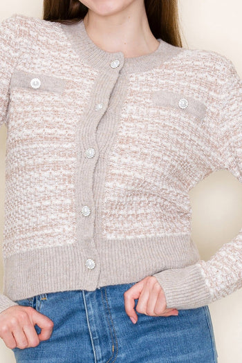 White Birch Tweed Pattern Knit Cardigan in Taupe