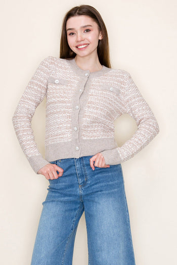 White Birch Tweed Pattern Knit Cardigan in Taupe