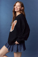 Peach Love Terry Knit Top with Corduroy Football Patch Front and Pearl Trim in Black