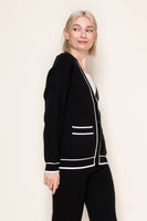 White Birch Solid Color Knit Cardigan with Contrasting Color Trim in Black