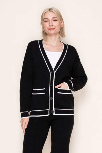 White Birch Solid Color Knit Cardigan with Contrasting Color Trim in Black