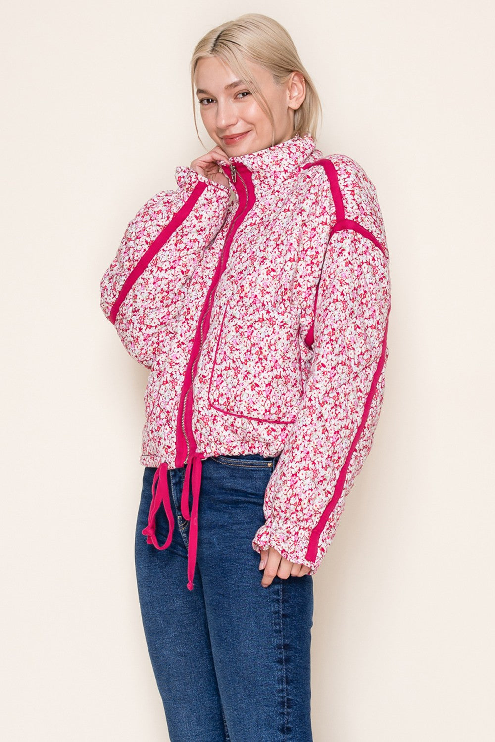 White Birch Floral Print Puffer Jacket in Fuchsia – June Adel
