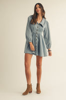 LovLov Washed Denim Sailor Collar Mini Dress in Vintage Denim