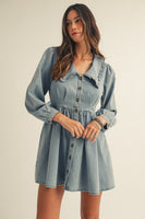 LovLov Washed Denim Sailor Collar Mini Dress in Vintage Denim